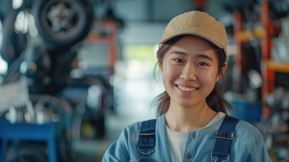 笑顔の女性の自動車整備士