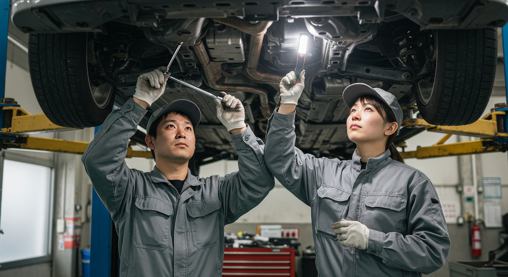 車の整備をする男女2名