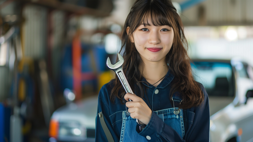 笑顔の女性の自動車整備士